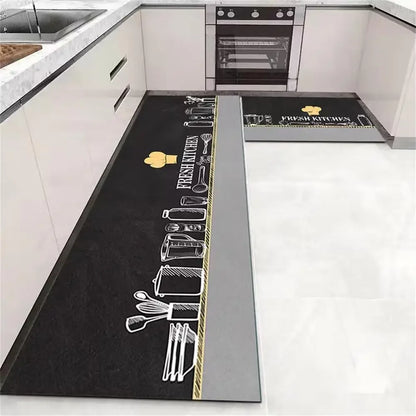 Nutshell anti slip kitchen floor mat L shaped black runner with white utensil drawings and yellow chef hat