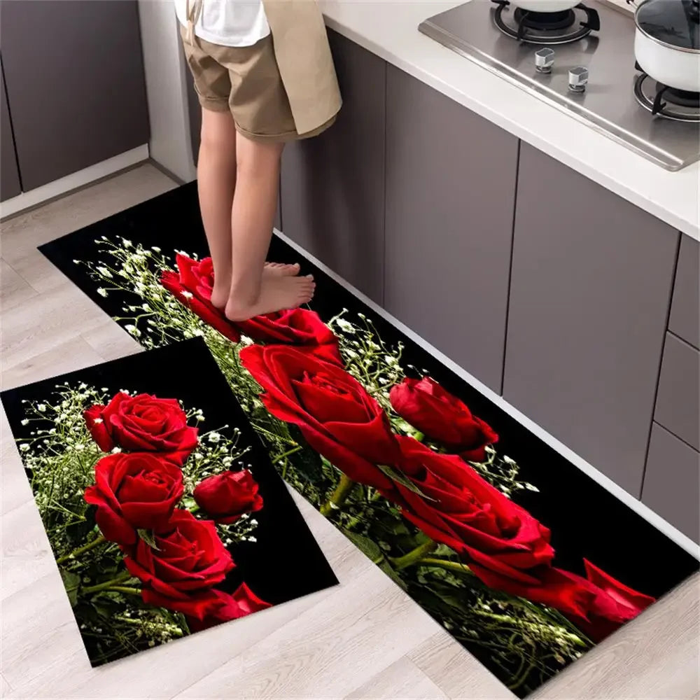Nutshell anti slip kitchen floor mat runner and small mat set with red rose floral design on black