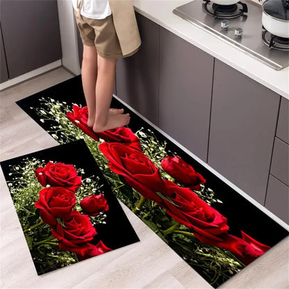 Nutshell anti slip kitchen floor mat runner and small mat set with red rose floral design on black