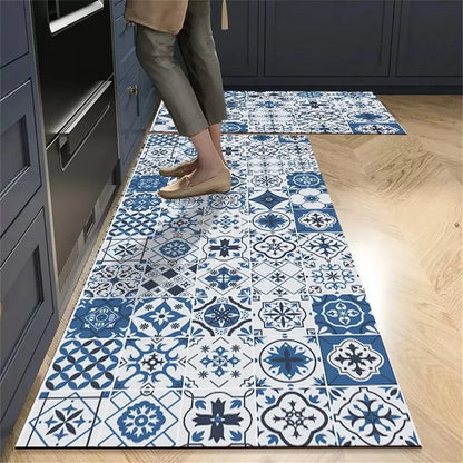 Nutshell anti slip kitchen floor mat in blue and white Moroccan tile pattern runner set