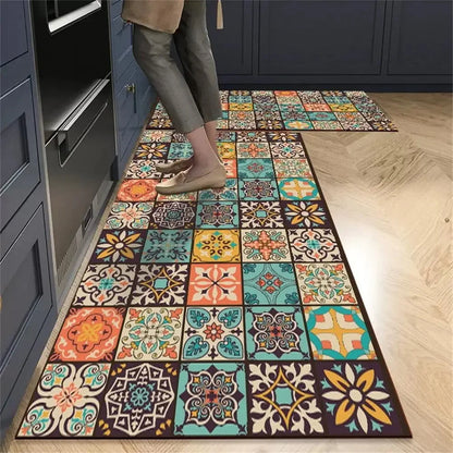 Nutshell colorful mosaic tile print anti slip kitchen floor mat runner set by cabinets with person standing