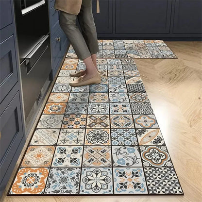 Nutshell tile pattern anti slip kitchen floor mat set in blue orange tones under cabinets for standing comfort