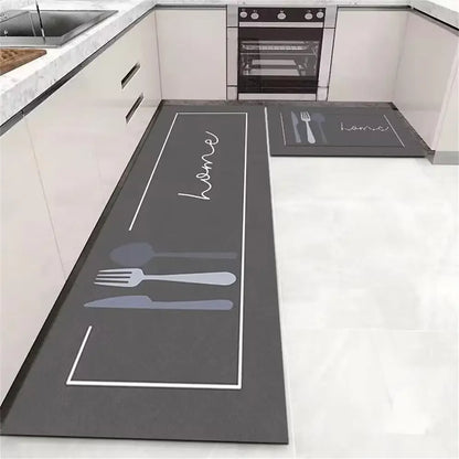 Nutshell dark gray runner and square mat with cutlery design in L shaped kitchen anti slip kitchen floor mat