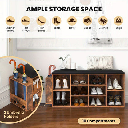 Nutshell cushioned shoe rack bench with ample storage and umbrella holders for organized entryways