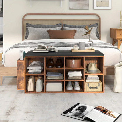 Stylish cushioned shoe rack bench with storage compartments, perfect for organizing shoes and accessories