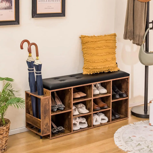 Stylish cushioned shoe rack bench with multiple compartments for organized storage and seating