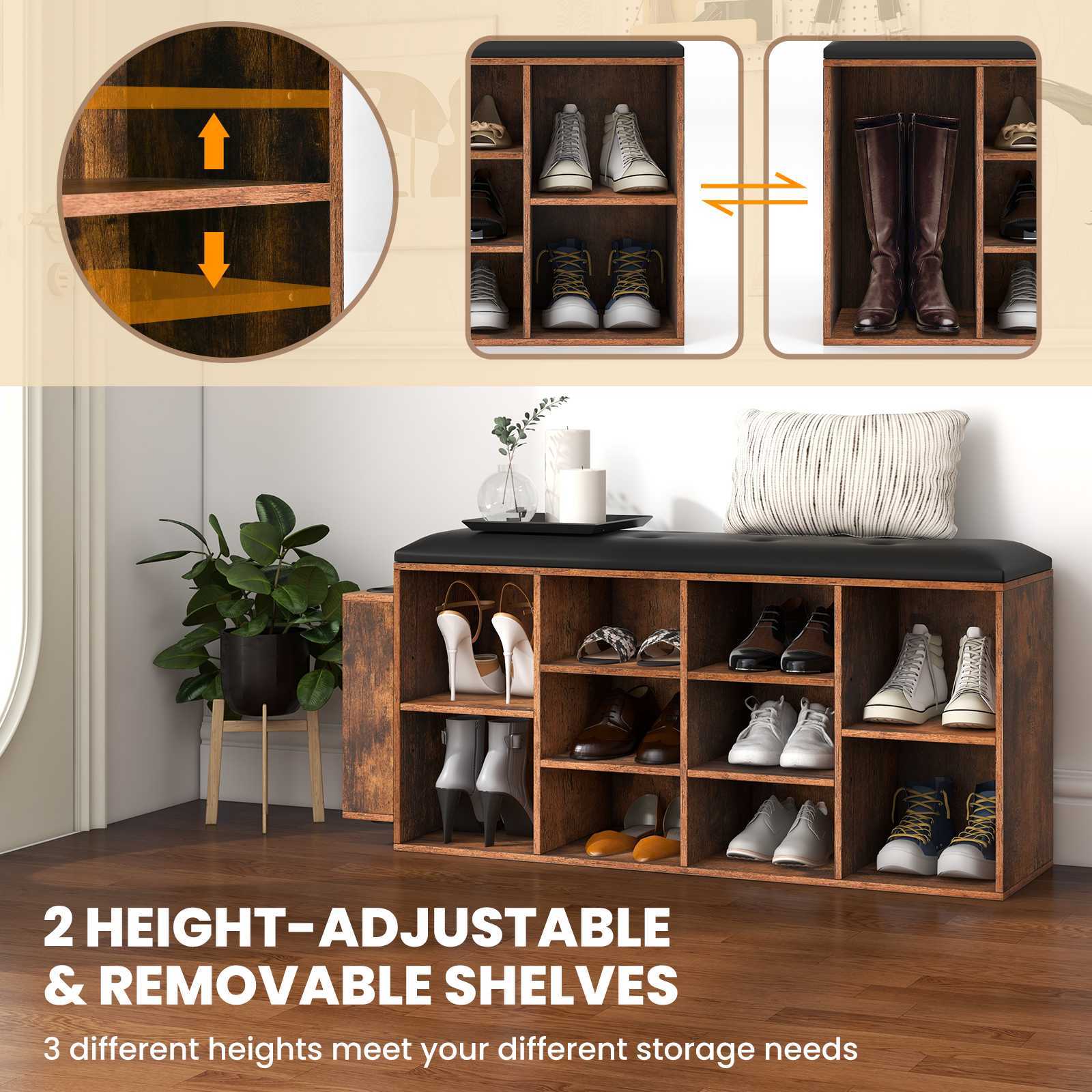 Nutshell cushioned shoe rack bench with height-adjustable shelves for versatile shoe storage
