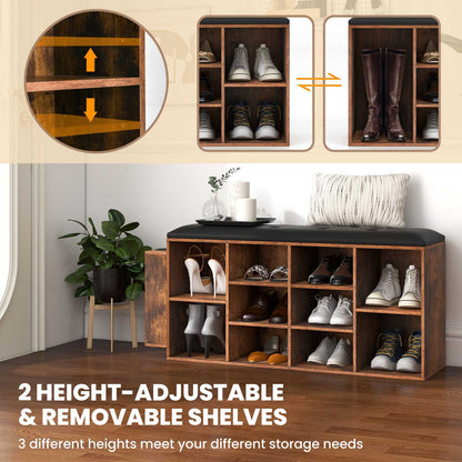 Nutshell cushioned shoe rack bench with height-adjustable shelves for versatile shoe storage