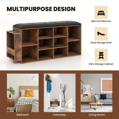 Nutshell cushioned shoe rack bench with multiple storage compartments for versatile use in any room