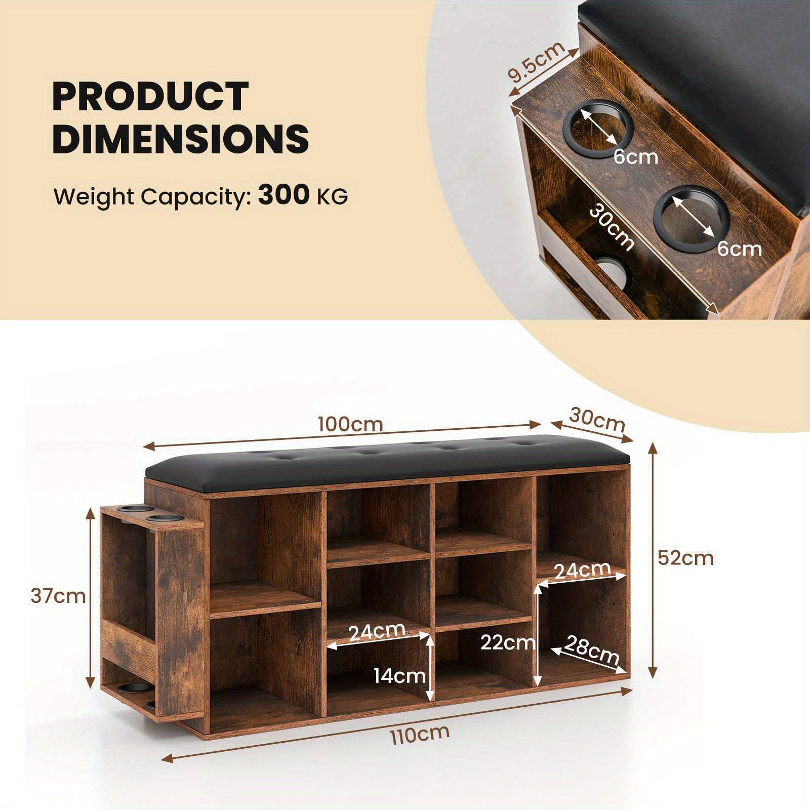 Nutshell cushioned shoe rack bench with multiple storage compartments and a weight capacity of 300 kg