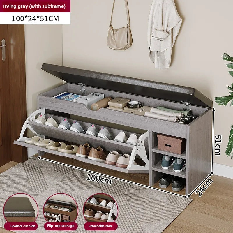 Nutshell Cushioned Shoe Storage Bench in Irving Gray with Flip-Top and Detachable Plate for Entryway