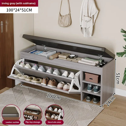 Nutshell Cushioned Shoe Storage Bench in Irving Gray with Flip-Top and Detachable Plate for Entryway