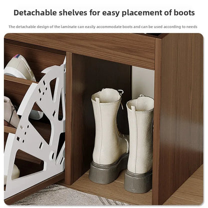 Cushioned Shoe Storage Bench with detachable shelves for easy boot placement and stylish organization