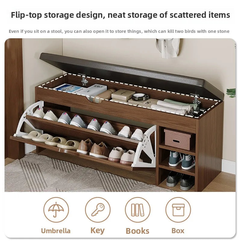 Nutshell cushioned shoe storage bench with flip-top design and organized sections for shoes and small items