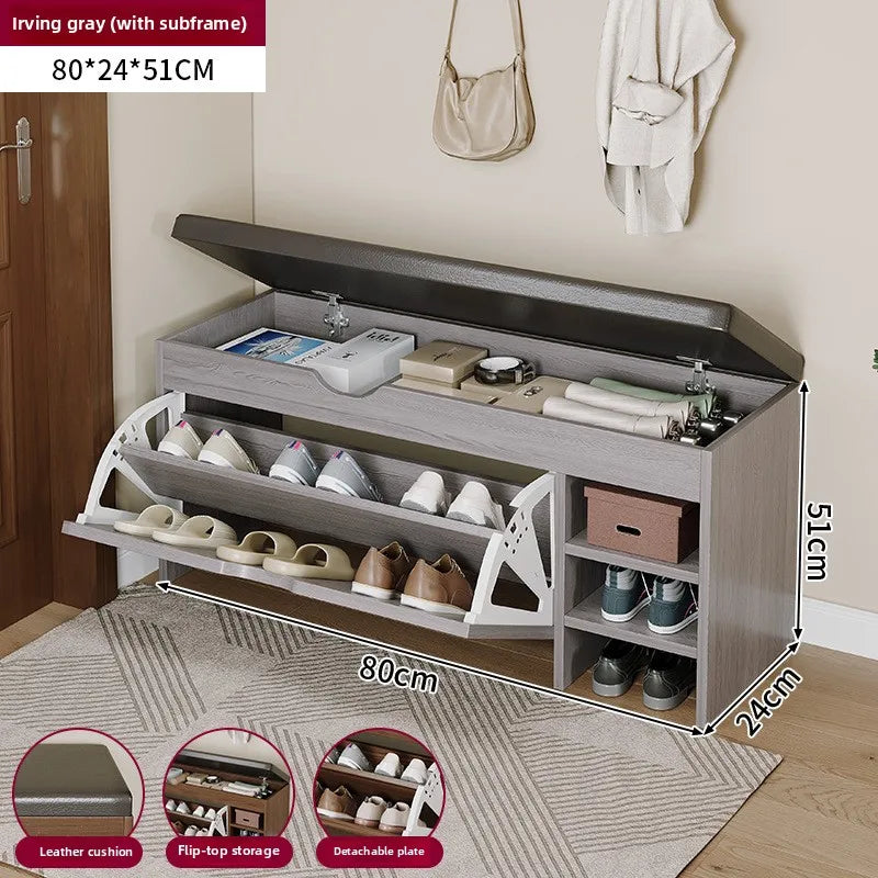 Nutshell Cushioned Shoe Storage Bench in Irving gray with flip-top storage and removable plate