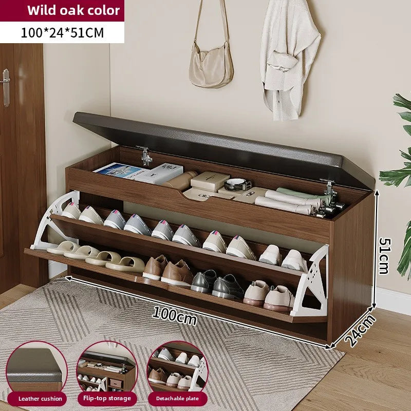 Cushioned Shoe Storage Bench in Wild Oak Color with Flip-Top Storage and Detachable Plate