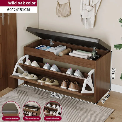 Nutshell cushioned shoe storage bench in wild oak color with flip-top storage and room for multiple pairs of shoes