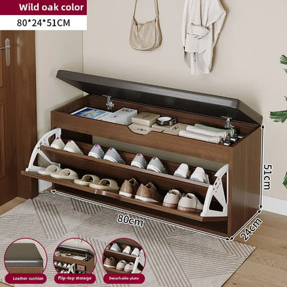 Cushioned Shoe Storage Bench in Wild Oak Finish with Flip-Top and Detachable Plate for Organized Entryways