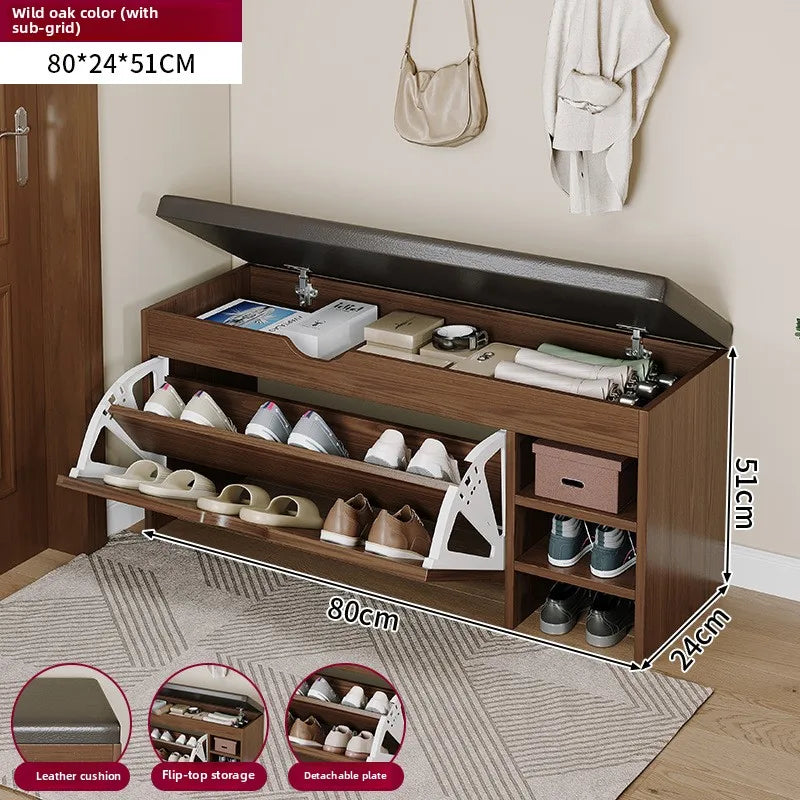 Nutshell Cushioned Shoe Storage Bench in Wild Oak with Flip-Top and Multiple Compartments