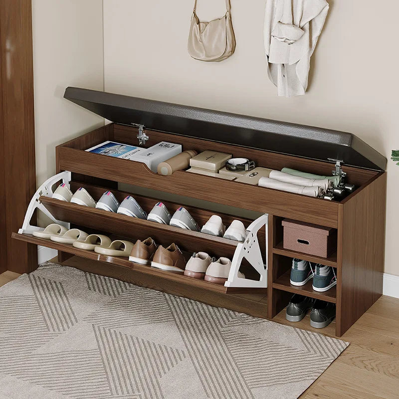 Nutshell Cushioned Shoe Storage Bench with Open Lid and Multiple Shoe Compartments