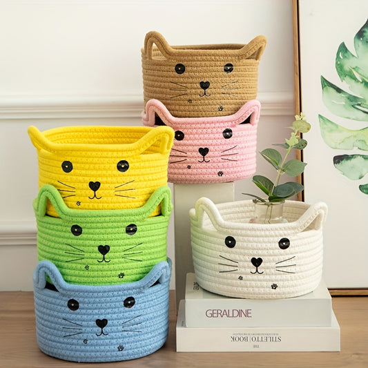 Cute Kitty Small Handwoven Storage Basket in Multiple Colors for Nursery Organization