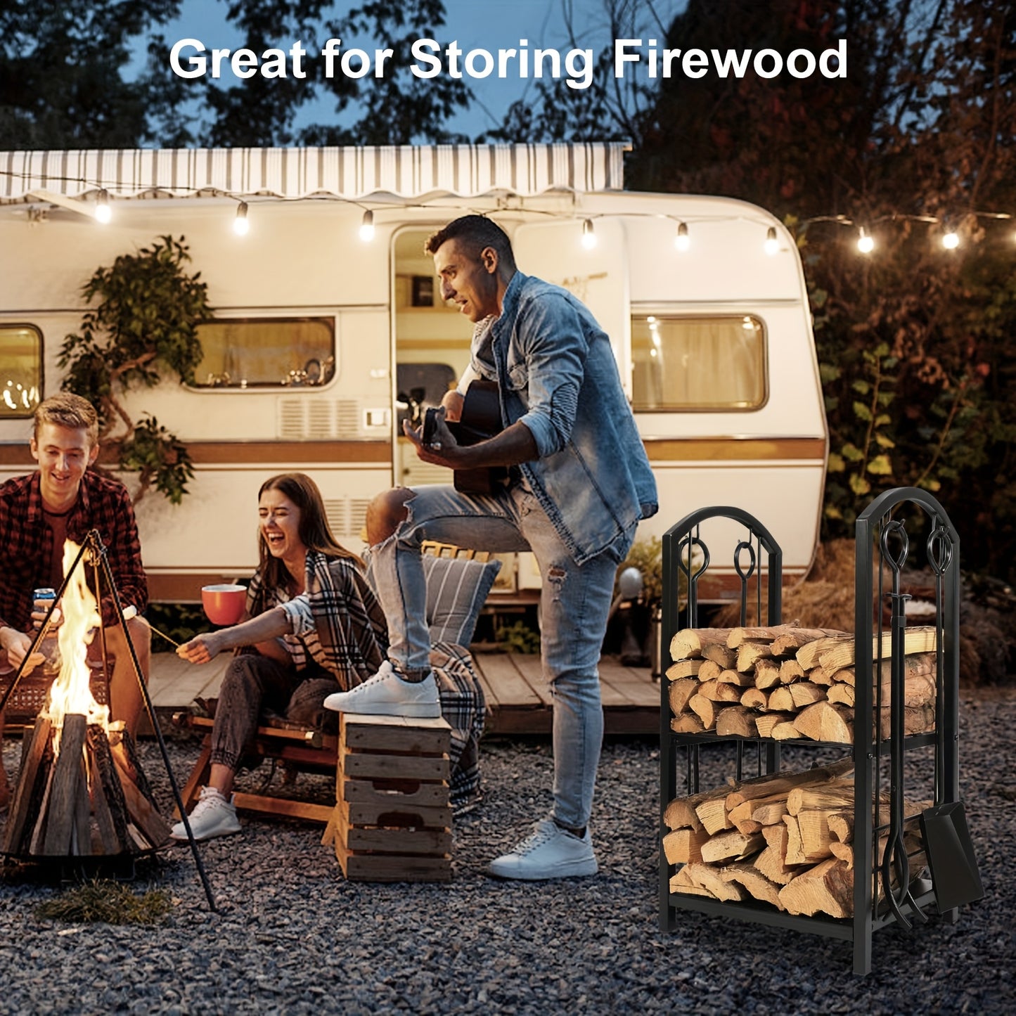 5pcs Indoor Outdoor Wrought Iron Firewood Log Storage Rack Holder Firepit Tools Set for Fireplace, Fire Pit, Stove W/Hook, Broom, Shovel, Tongs