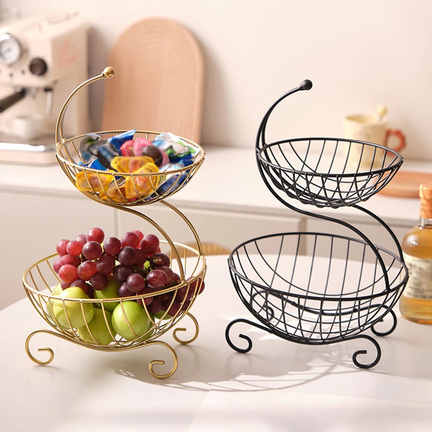 Nutshell decorative fruit storage rack in gold and black with two-tier wire baskets for fruit display