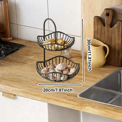 Nutshell decorative fruit storage rack metal two-tier fruit bowl for kitchen countertop