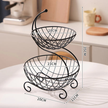 Nutshell decorative fruit storage rack with two wire baskets in black metal for kitchen countertop