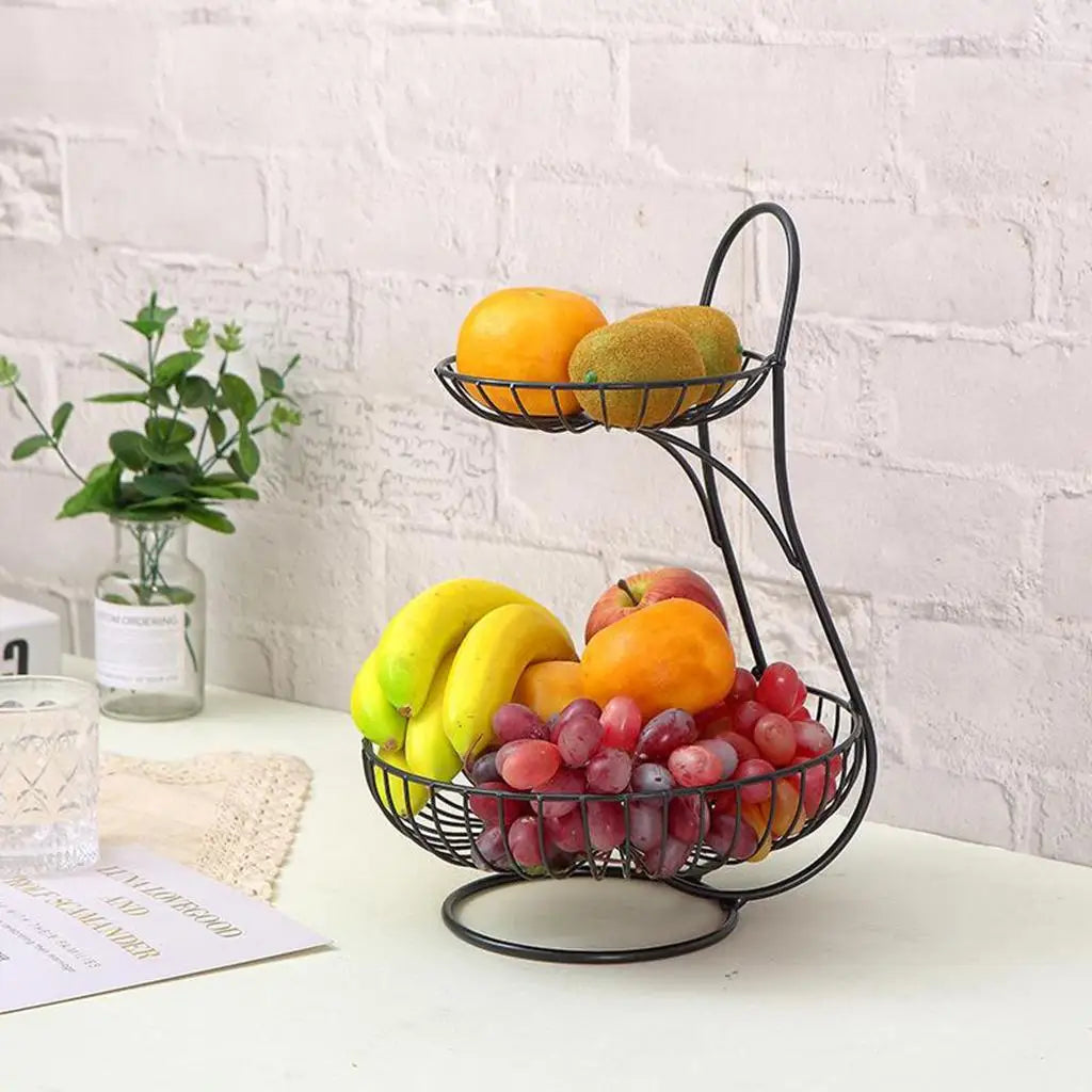 Nutshell decorative fruit storage rack black two-tier wire fruit bowl holding bananas apples grapes and kiwi