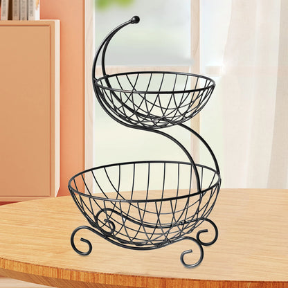 Nutshell decorative fruit storage rack with two-tier black wire baskets on wooden table