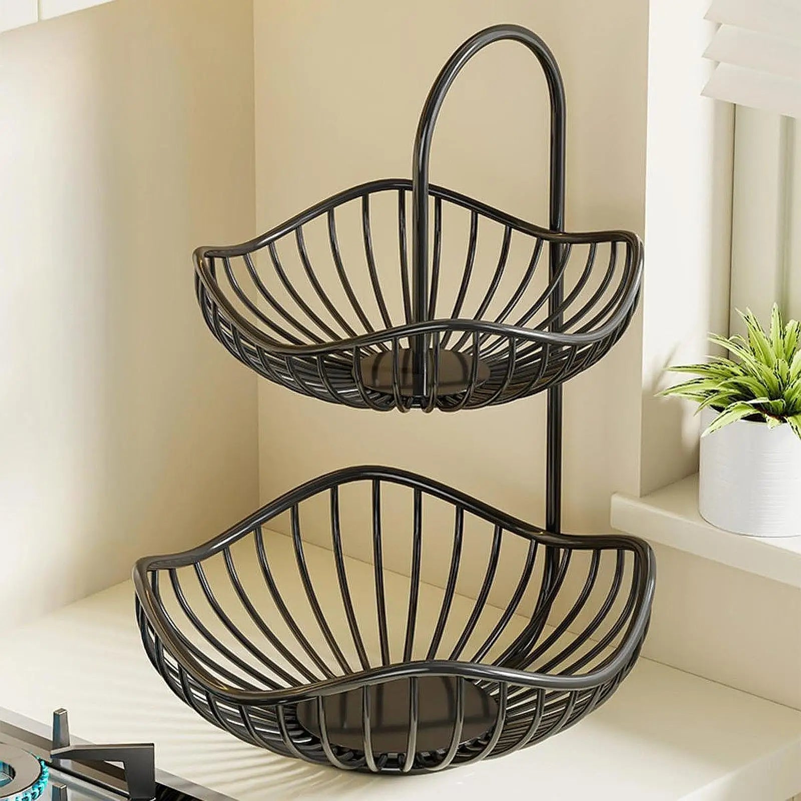 Nutshell black metal decorative fruit storage rack with two tiered bowls for kitchen organization