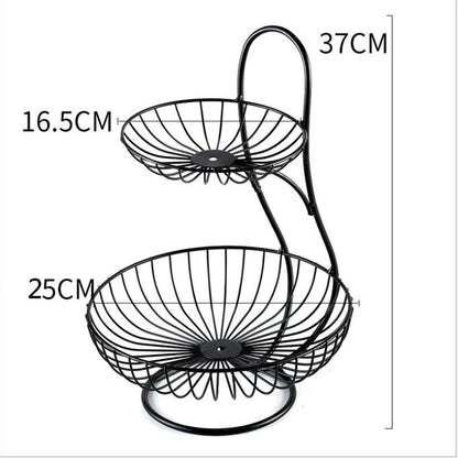 Nutshell black metal decorative fruit storage rack with two tiers and circular wire baskets
