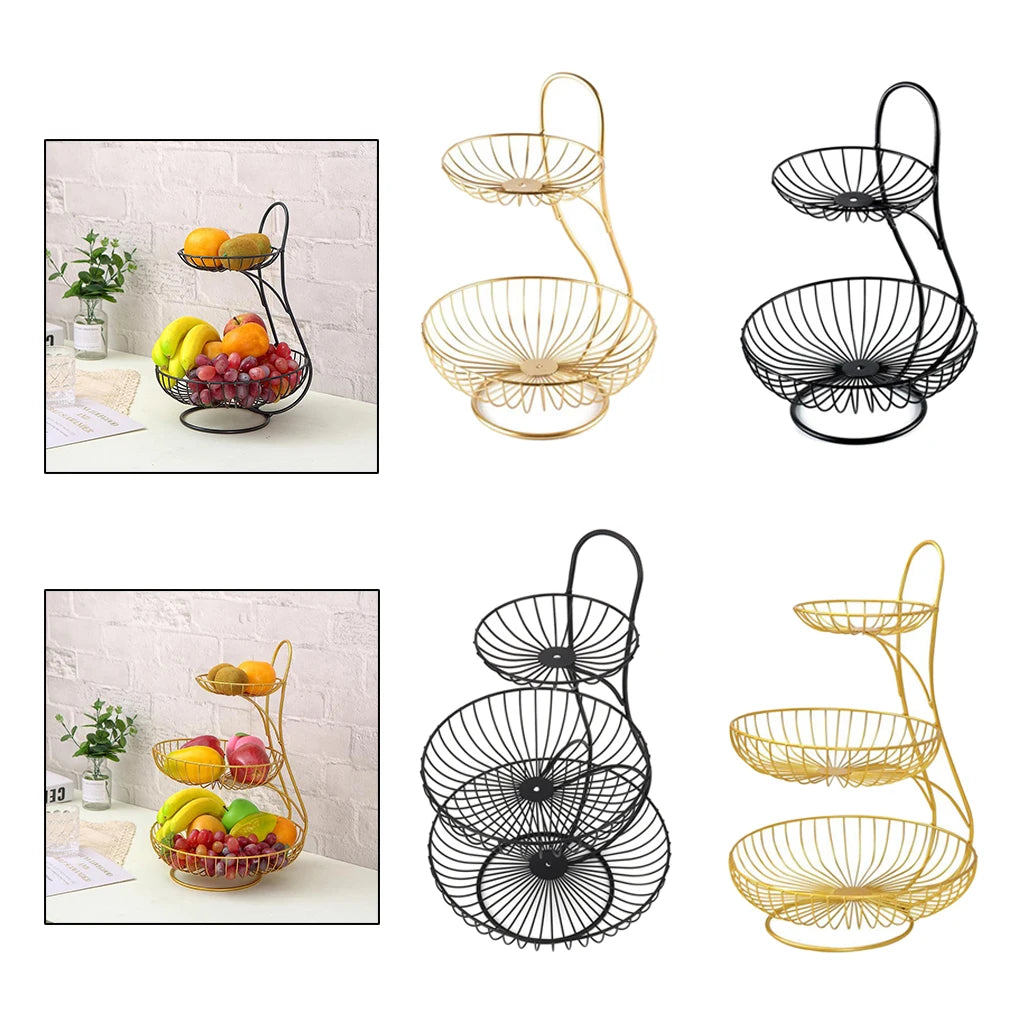 Nutshell decorative fruit storage rack in black and gold wire design with two-tiered bowl for fruit display