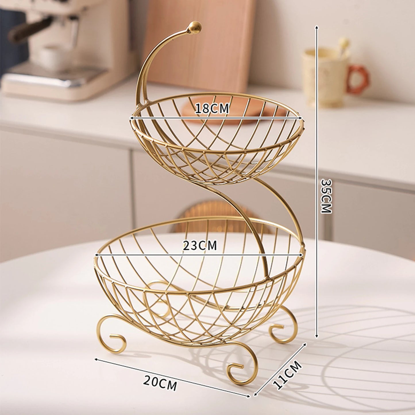 Nutshell decorative fruit storage rack with two-tier gold wire baskets for stylish fruit display