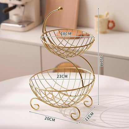 Nutshell decorative fruit storage rack with two-tier gold wire baskets for stylish fruit display