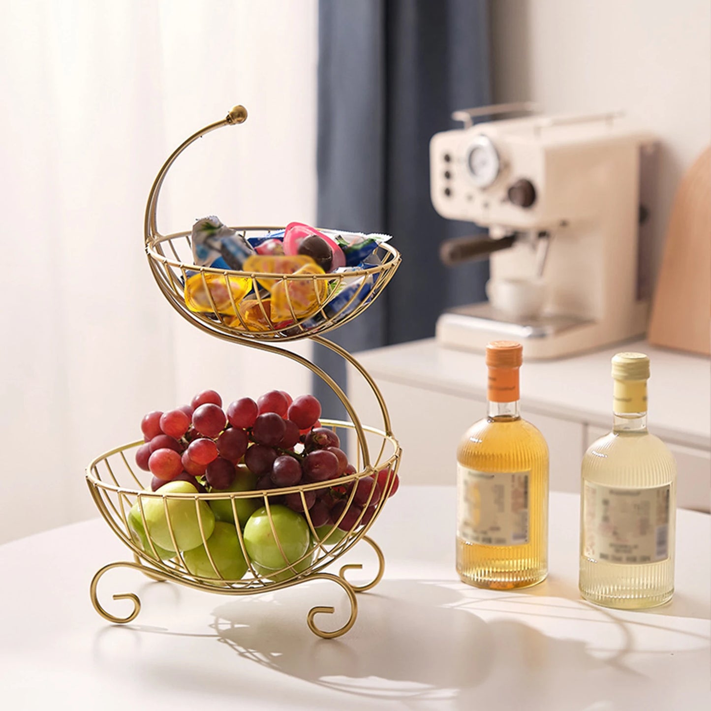 Nutshell decorative fruit storage rack gold two-tier fruit bowl with grapes and apples on kitchen counter