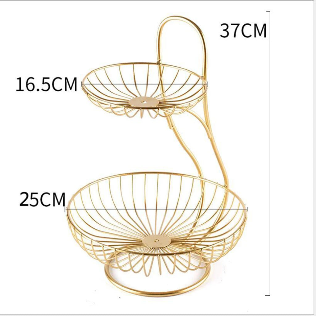 Nutshell two-tier gold metal decorative fruit storage rack with wire baskets for kitchen