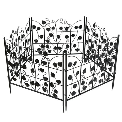 Black metal decorative garden fence panels with floral and leaf design by Nutshell