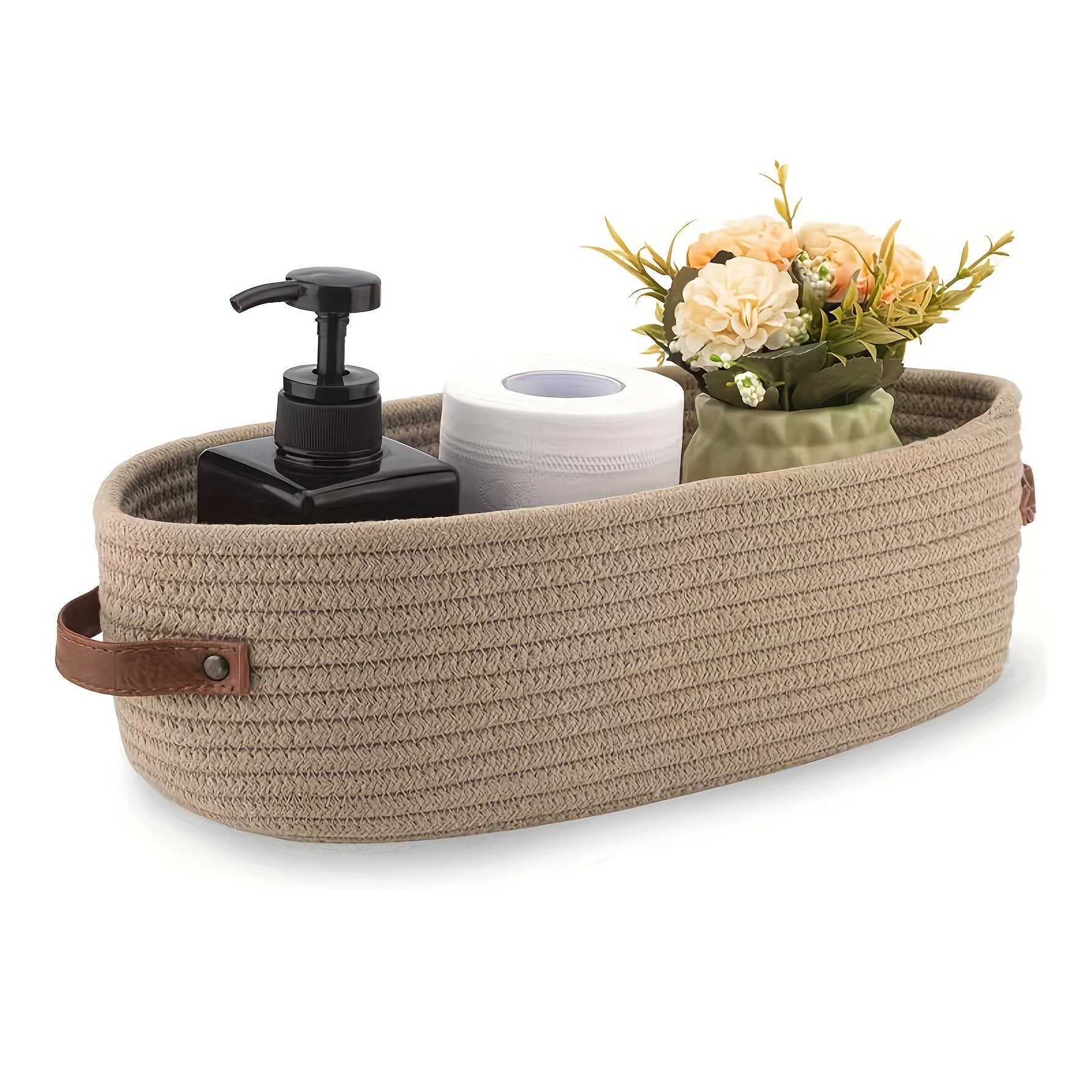 Nutshell decorative storage basket in neutral color with handles, filled with toiletries and flowers