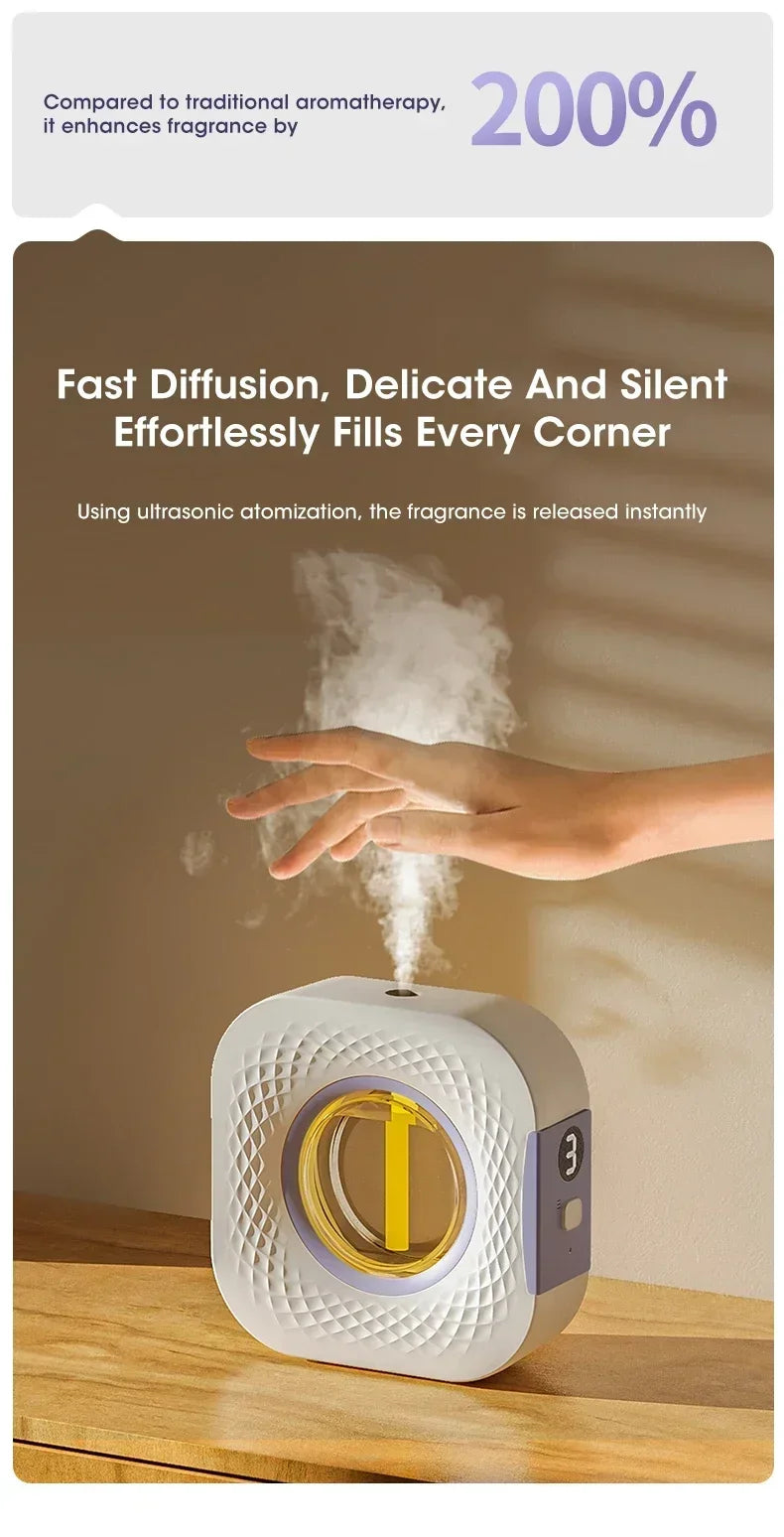 Nutshell desktop aroma diffuser releasing mist with ultrasonic atomization on wooden surface