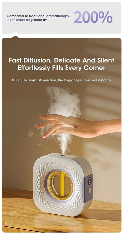Nutshell desktop aroma diffuser releasing mist with ultrasonic atomization on wooden surface