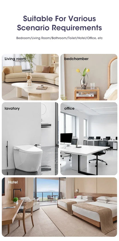 Nutshell desktop aroma diffuser in various settings including living room bedroom lavatory office and hotel