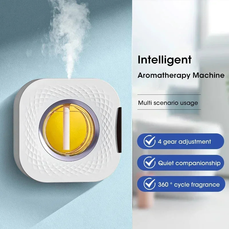 Nutshell desktop aroma diffuser in white with yellow center releasing mist for aromatherapy