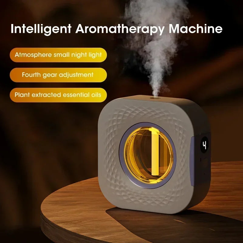 Nutshell desktop aroma diffuser releasing mist with built-in atmosphere night light on wooden table