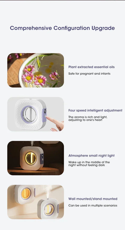 Nutshell desktop aroma diffuser with essential oils, four-speed adjustment, night light, and wall or stand mounting