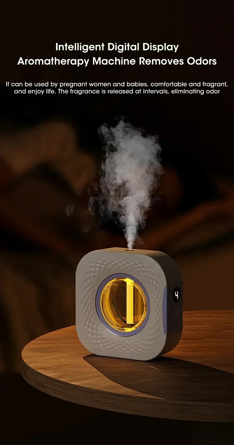 Nutshell desktop aroma diffuser with intelligent digital display releasing mist to remove odors