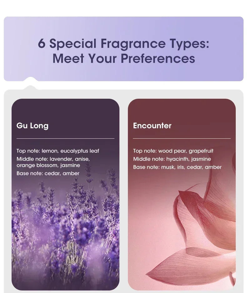 Nutshell desktop aroma diffuser with six special fragrance types including Gu Long and Encounter with floral and woody notes