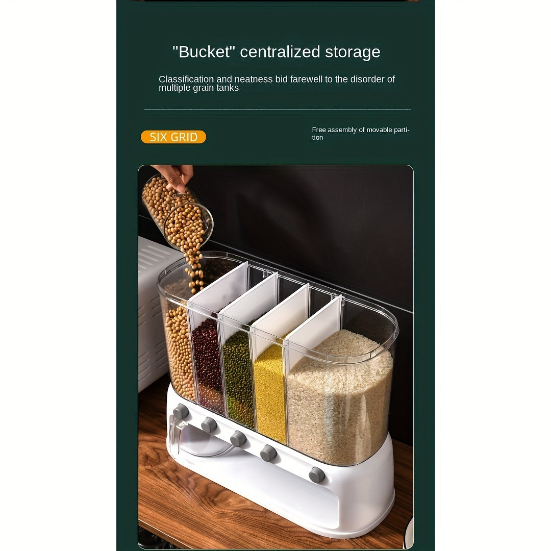 Nutshell dry food dispenser with six compartments for organized and neat storage of grains