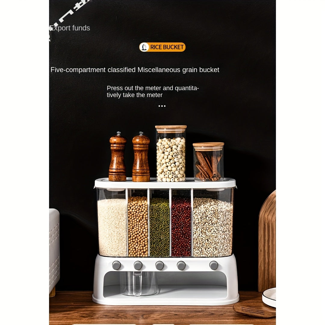 Nutshell dry food dispenser with five compartments for organized storage of grains and cereals